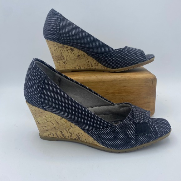 Life Stride Women's Promote Black Polka Dot Peep Toe Cork Wedge Heels Size 7W - Picture 1 of 9